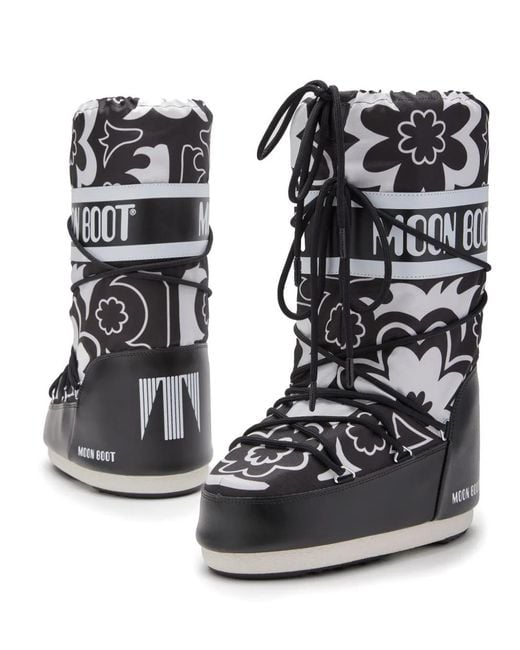 Moon Boot Black Icon Floral-Print Boots