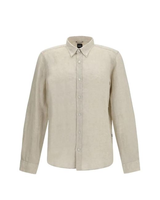 Boss White Liam Button-Down Linen Shirt for men