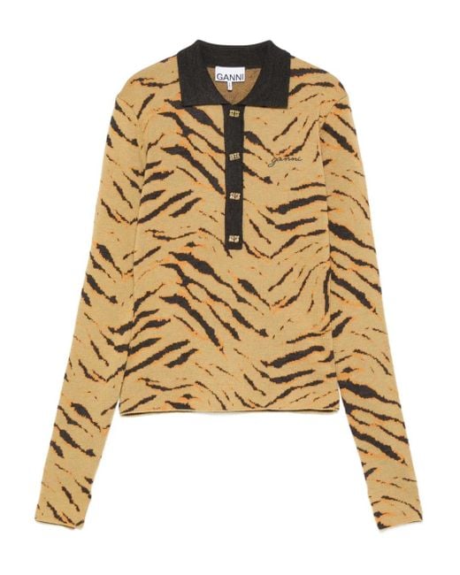 Ganni Metallic Zebra-Print Polo Top