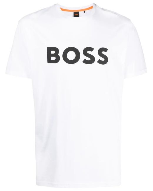 Boss White Cotton-Jersey T-Shirt With Large Logo Print for men