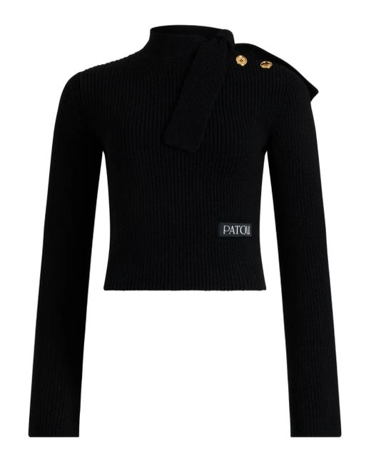 Patou Black Ribbed Knit Cropped Sweater