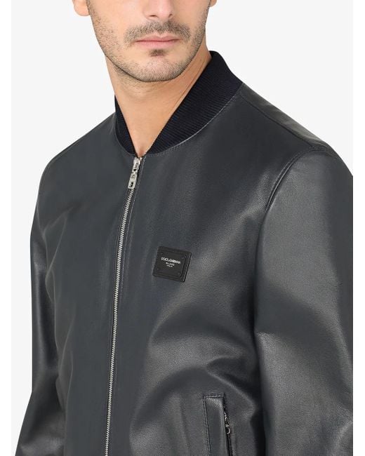 Dolce & Gabbana Blue Logo-Plaque Leather Bomber Jacket for men