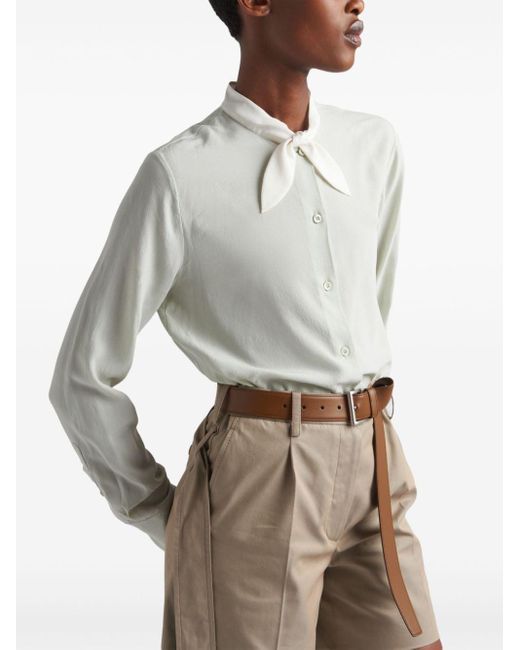 Prada White Scarf-collar Silk Shirt