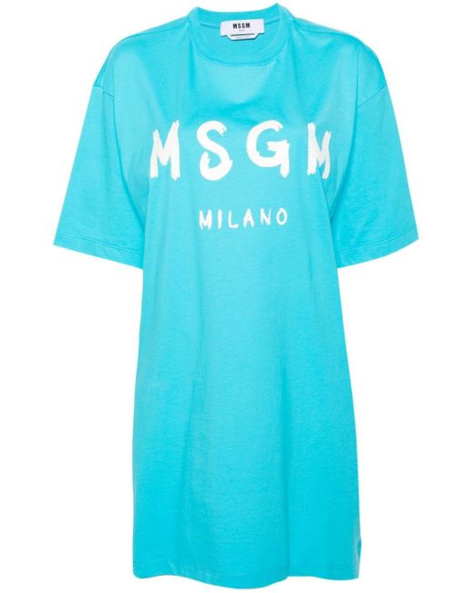 MSGM Blue Logo-print Cotton T-shirt Dress