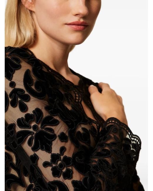 Twinset Black Lace-Floral Single-Button Cardigan