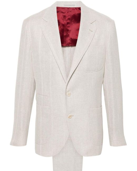Brunello Cucinelli White Herringbone-pattern Single-breasted Suit for men