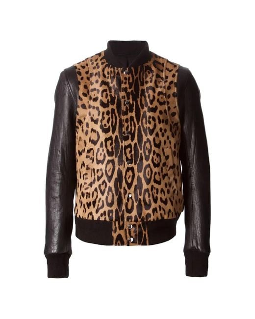 Balmain Brown Leopard-Print Leather-Sleeve Jacket for men
