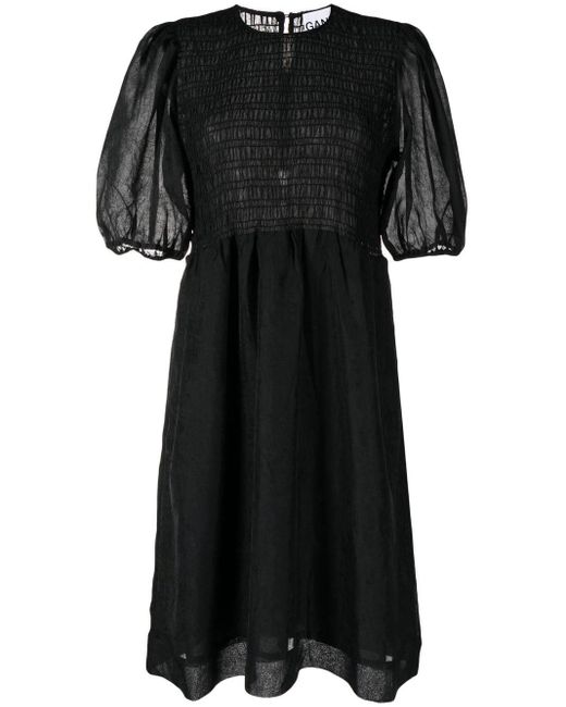 Ganni Crinkled Georgette Smocked Midi-dress in Black | Lyst UK