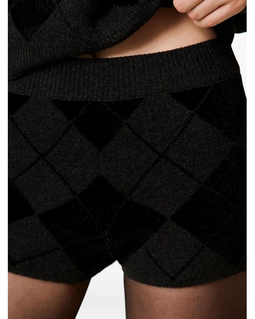 Twinset Black Diamond-Pattern Knit Shorts