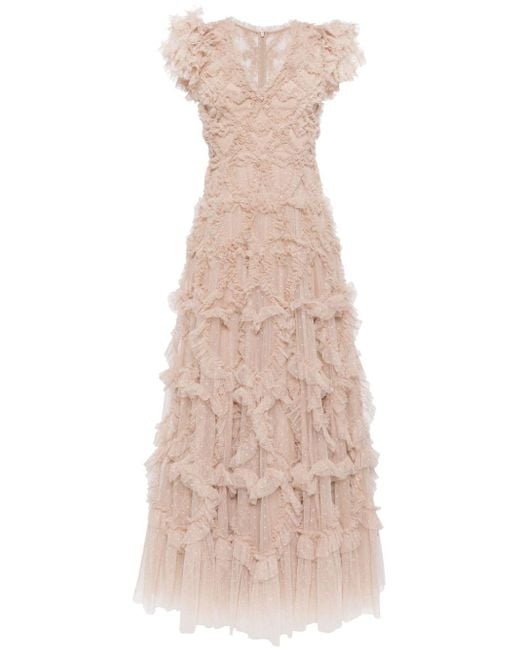 Needle & Thread Natural Amorette V-Neck Ruffled Gown