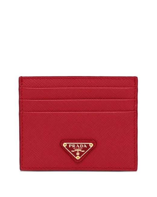 Prada Red Triangle-Logo Saffiano Leather Card Holder