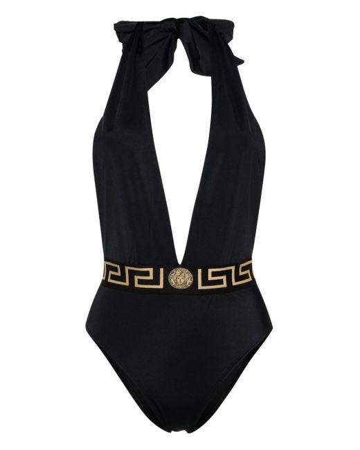 Versace Black Greca Badeanzug mit V-Ausschnitt