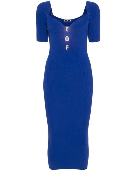 Elisabetta Franchi Blue Geripptes Kleid mit Logo-Schild