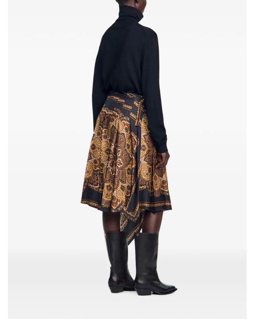 Sandro Natural Scarf-Print Asymmetric Midi Skirt
