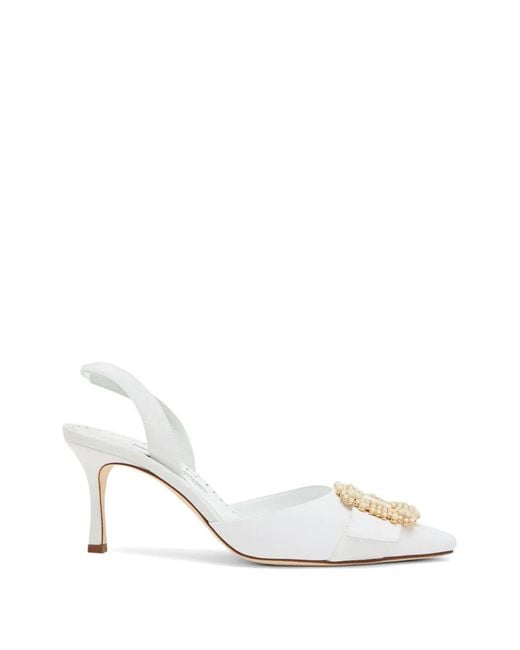 Manolo Blahnik White Gibsli Pearl-Buckle Slingback Heeled Pumps