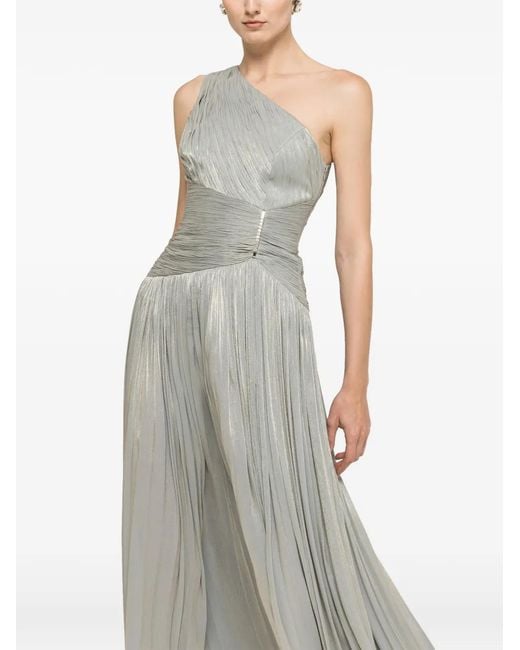 Nissa Green One-Shoulder Plissé-Effect Maxi Dress