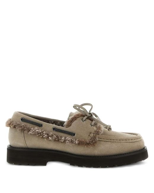 Brunello Cucinelli Brown Shearling-Trimmed Suede Loafers