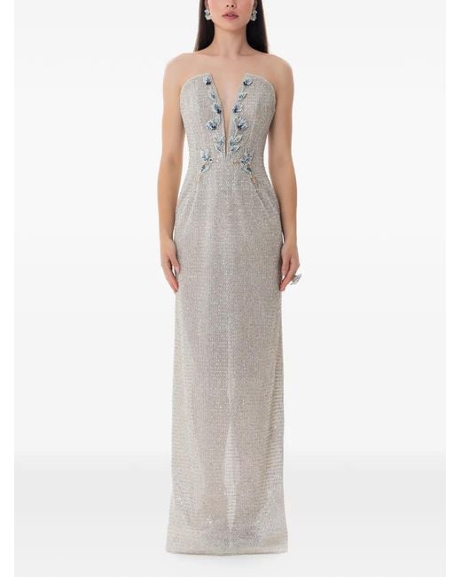 Dina Melwani White Crystal Hand-Embroidered Maxi Gown