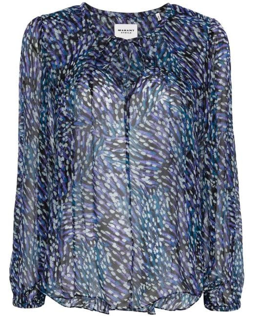 Isabel Marant Blue Abstract Pattern Semi-Sheer Blouse With Keyhole Detail