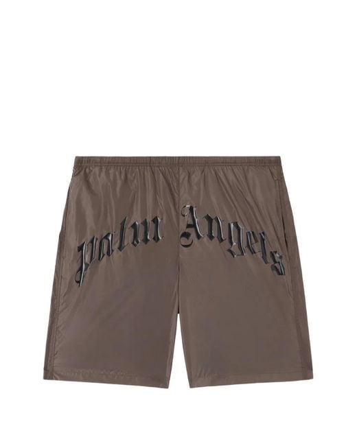 Palm Angels Gray Curved-Logo Swim Shorts for men