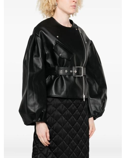 Simone Rocha Black Belted Puff-Sleeve Leather Jacket