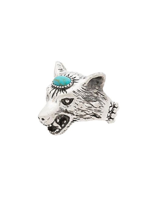 Gucci Metallic Turquoise Anger Forest Wolf Head Sterling Silver Ring for men