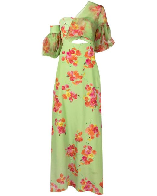 Isolda Green Greta Floral-print Asymmetric Silk Dress