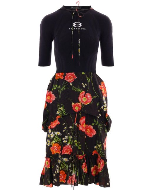 Balenciaga Black Floral-print Half-sleeves Midi Dress