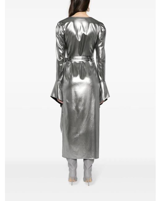 ROTATE BIRGER CHRISTENSEN Gray Lamé Wrap Midi Dress