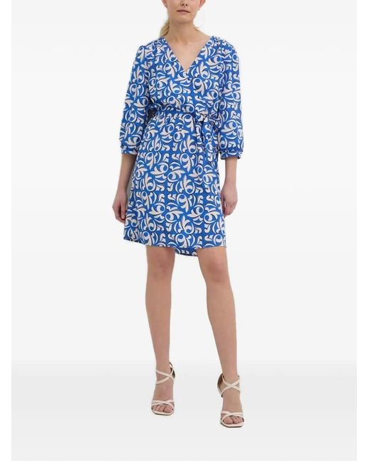 Morgan Blue V-Neck Patterned Mini Dress