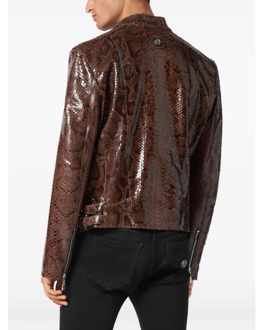 Philipp Plein Leren Bikerjack Met Pythonprint in het Brown voor heren