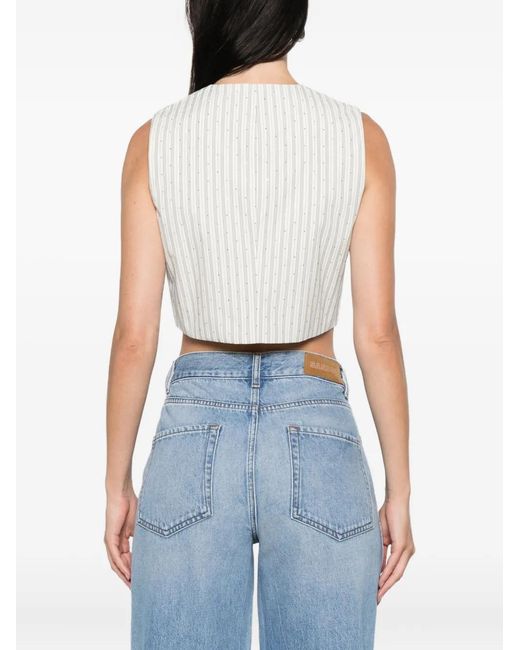 Sandro White Striped Rhinestone-Embellished Crop Top
