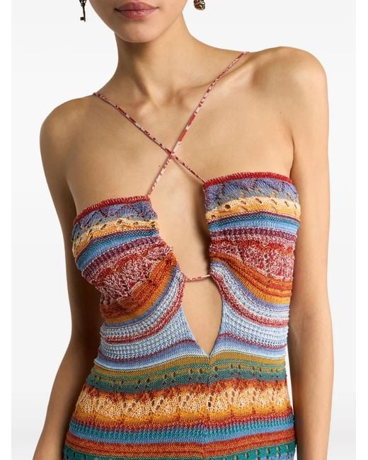 Etro White Robe Longue En Maille À Rayures