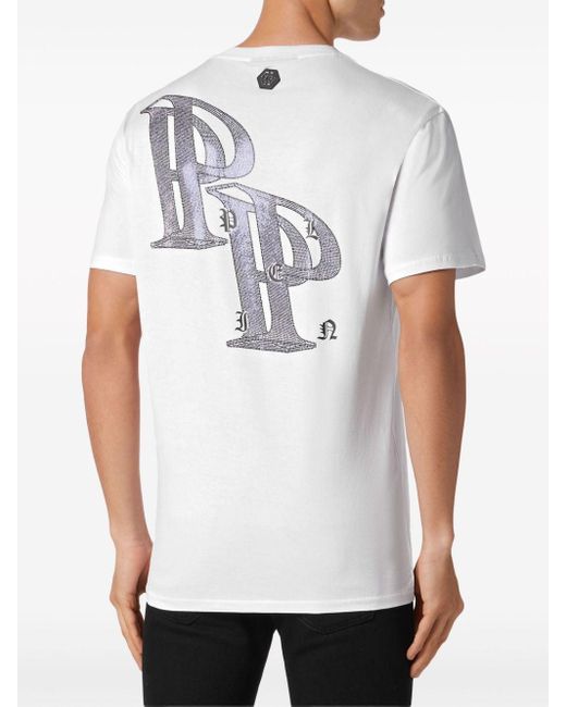 Philipp Plein White Rhinestone-embellished Cotton T-shirt for men