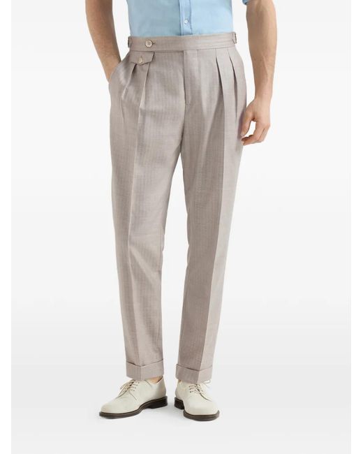 Brunello Cucinelli Gray Pantalon En Cachemire Et Soie À Chevrons Avec Double Plis Et Pattes À La Taille for men