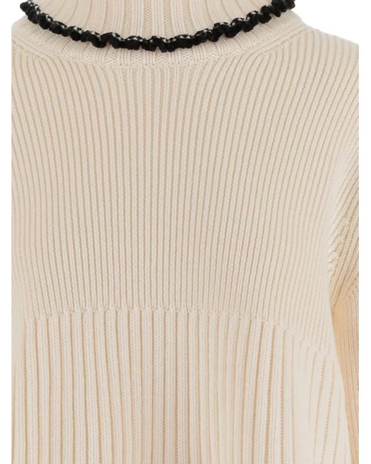 Jil Sander Natural Ribbed High-Neck Ruffled Sweater