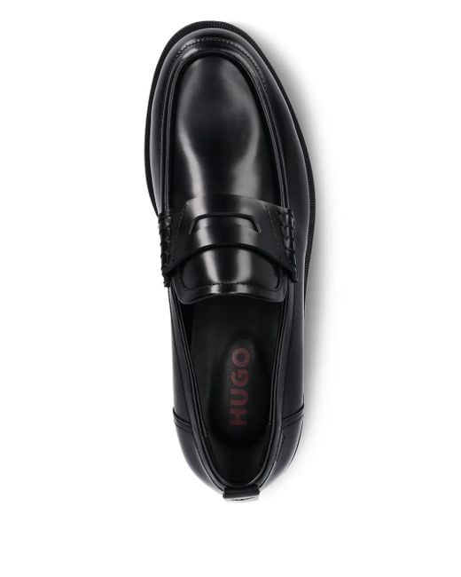 HUGO Black Penny-Slot Leather Loafers for men