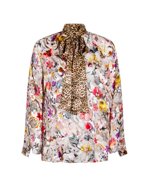 Roberto Cavalli White Pussy-Bow Floral-Print Blouse