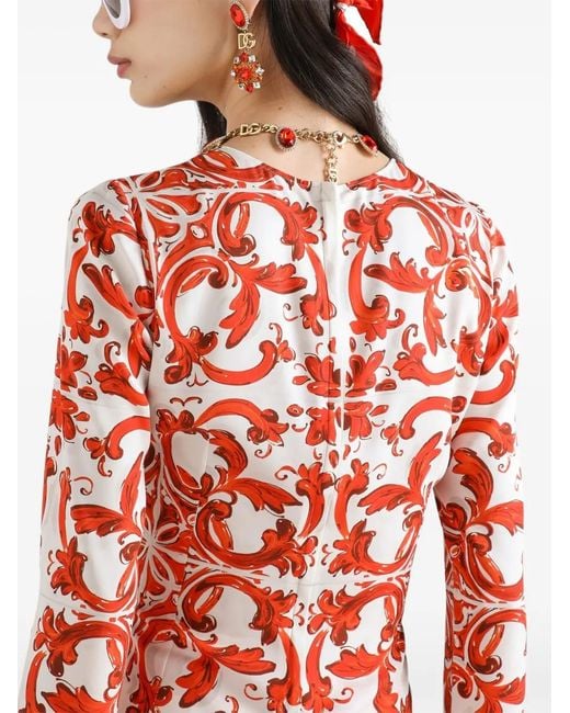 Dolce & Gabbana Red Majolica-Print Charmeuse Fitted Top