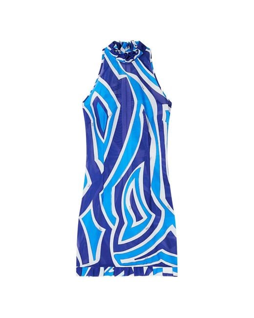 Emilio Pucci Blue Robe Imprimée Labirinto À Volants