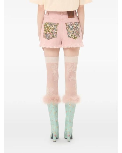 Valentino Garavani Pink Floral Frayed Denim Shorts