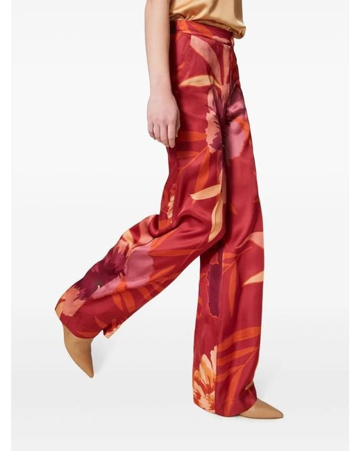 Twinset Red Floral-Print Wide-Leg Trousers
