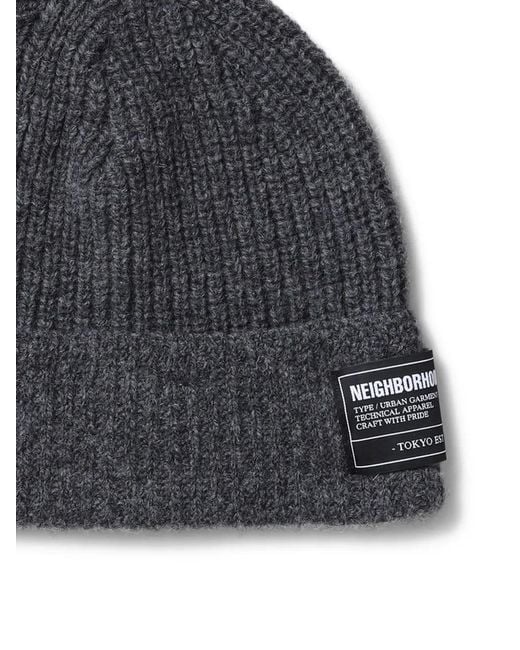 Neighborhood Blue Ribbed Logo-Patch Beanie Hat for men
