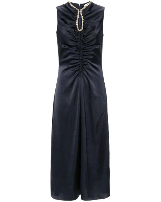 Sandro Blue Rhinestone-Embellished Ruched Satin Midi Dress