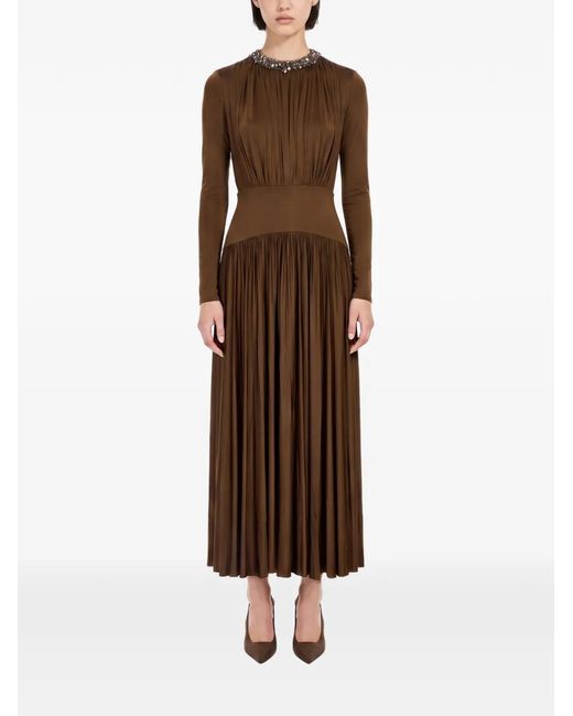 Roland Mouret Brown Embellished-Neck Gathered-Detail Dress