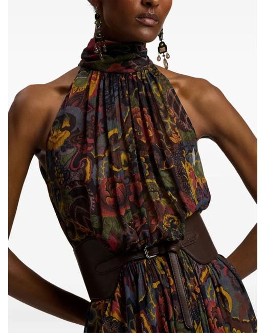 Ralph Lauren Brown High-Neck Floral-Print Midi Dress