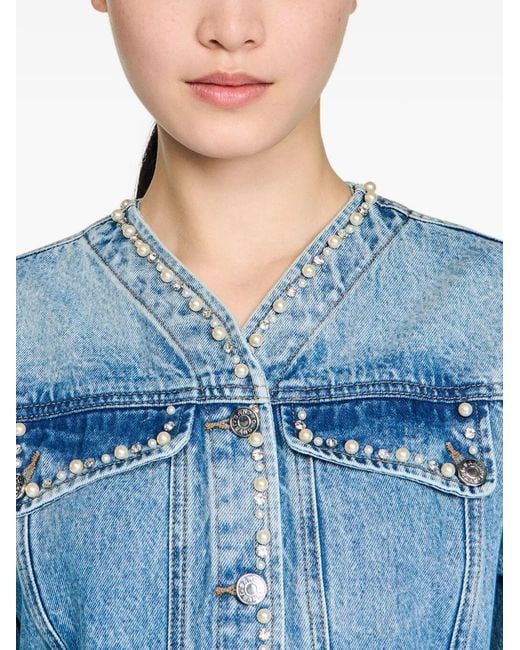 Sandro Blue Pearl-Embellishment Denim Jacket