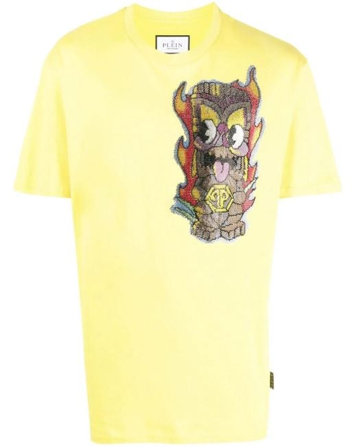 Philipp Plein Yellow Hawaii Embellished Short-Sleeve T-Shirt for men