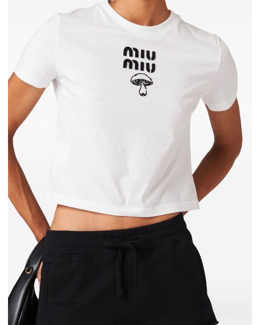 Miu Miu White Mushroom-embroidered Cotton Logo T-shirt