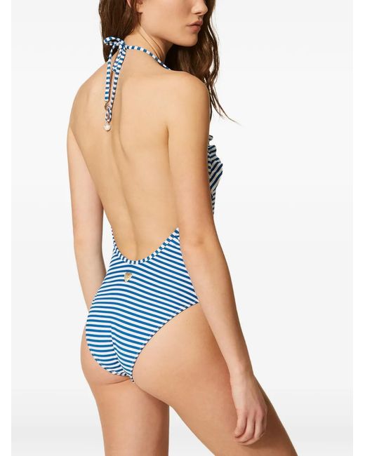 Twinset Blue Striped Jacquard One-Piece Swimsuit